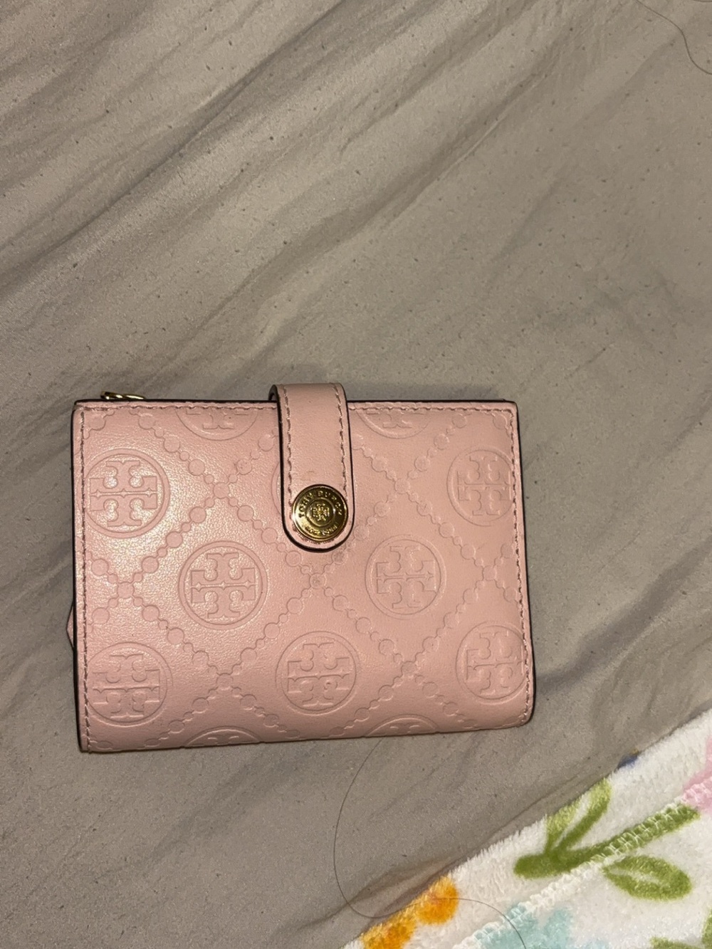 Tory Burch Blush Pink Quilted Logo Leather Wallet with Gold-Tone Snap